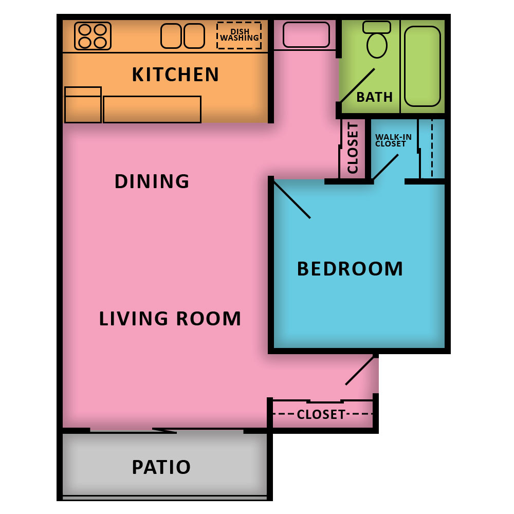 This image is the visual schematic floorplan representation of 1 Bed | 1 Bath at Woodbridge Apartments.