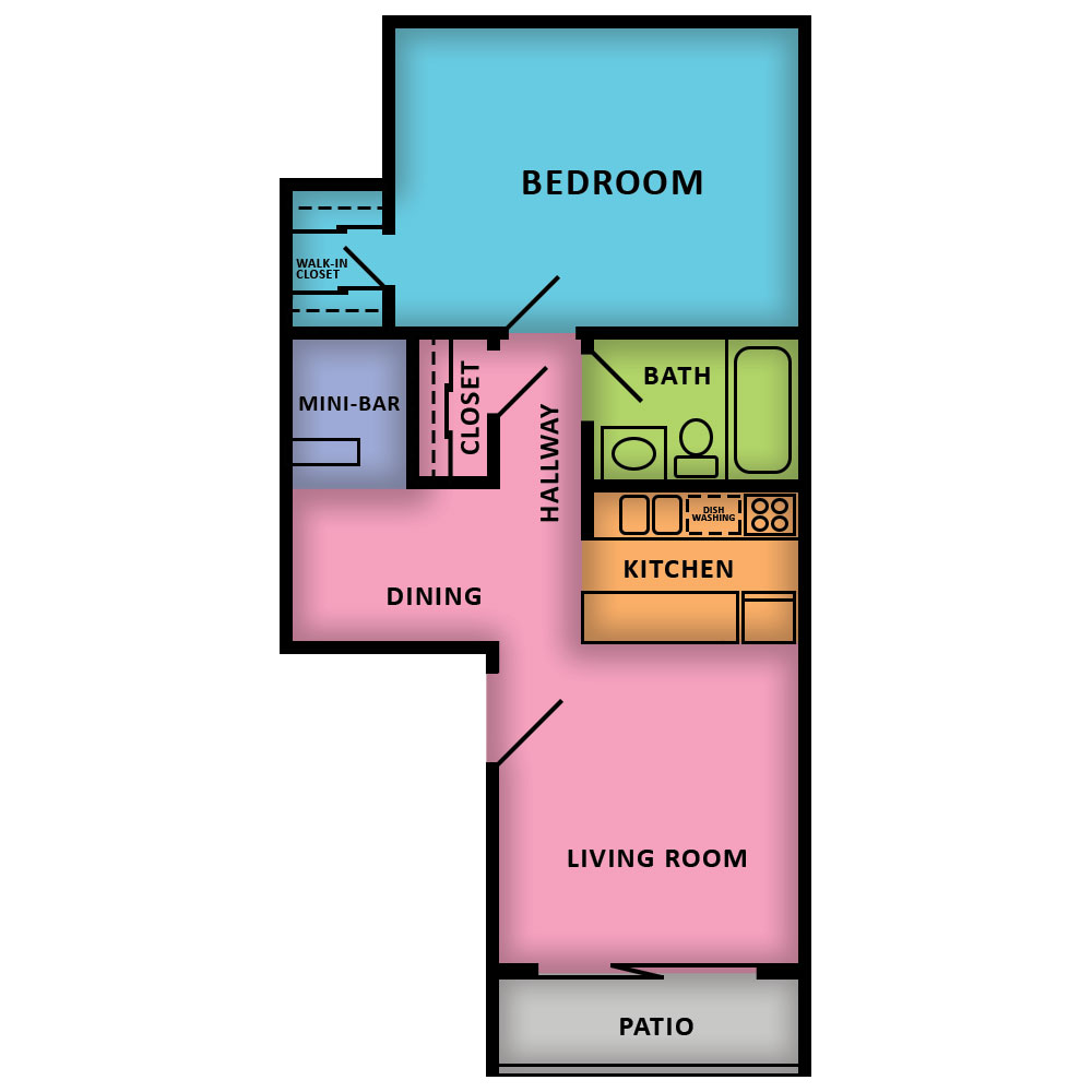 This image is the visual schematic floorplan representation of 1 Bed | 1 Bath at Woodbridge Apartments.