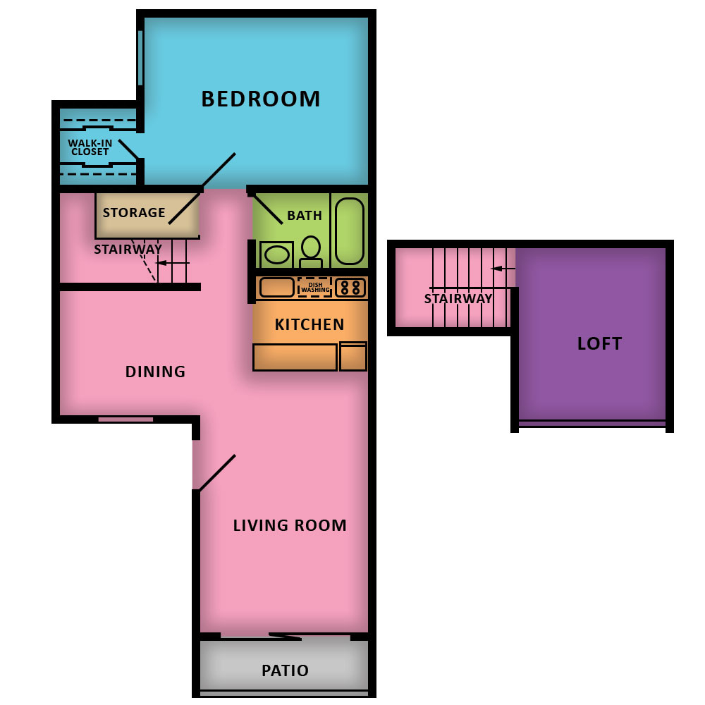 This image is the visual schematic floorplan representation of 1 Bed | 1 Bath | Loft at Woodbridge Apartments.