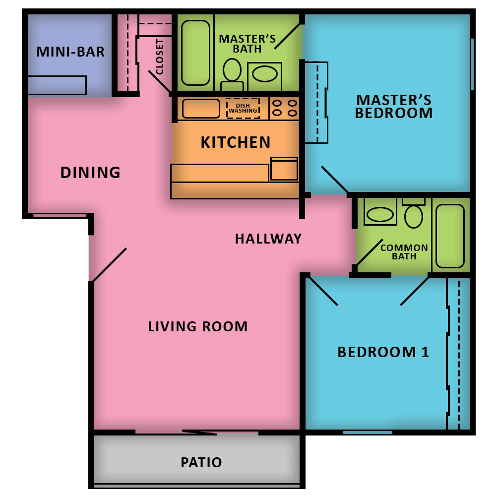 This image is the visual schematic floorplan representation of 2 Bed | 2 Bath at Woodbridge Apartments.