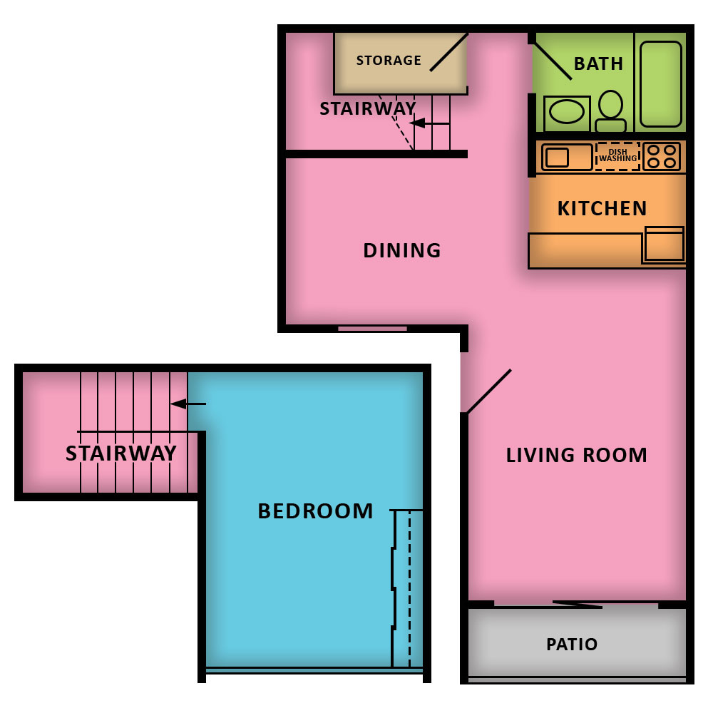This image is the visual schematic floorplan representation of Studio | Loft | 1 Bath at Woodbridge Apartments.