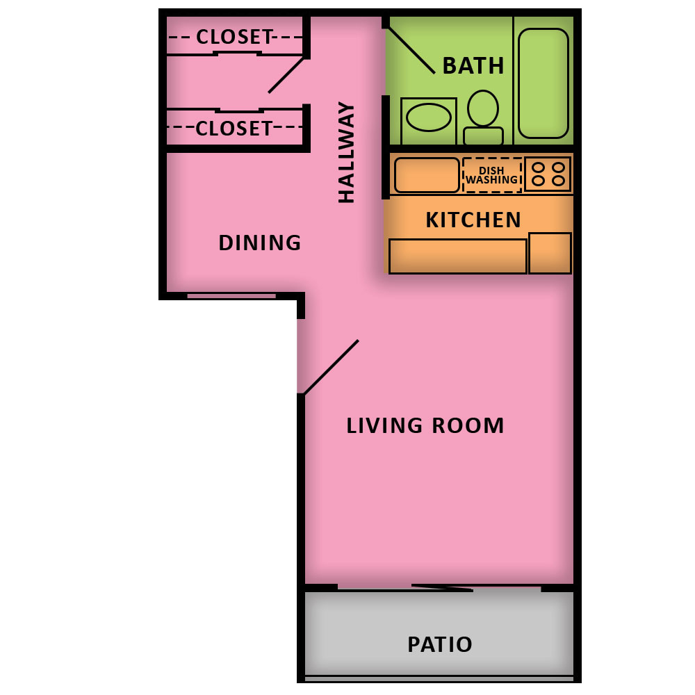 This image is the visual schematic floorplan representation of Studio | 1 Bath at Woodbridge Apartments.